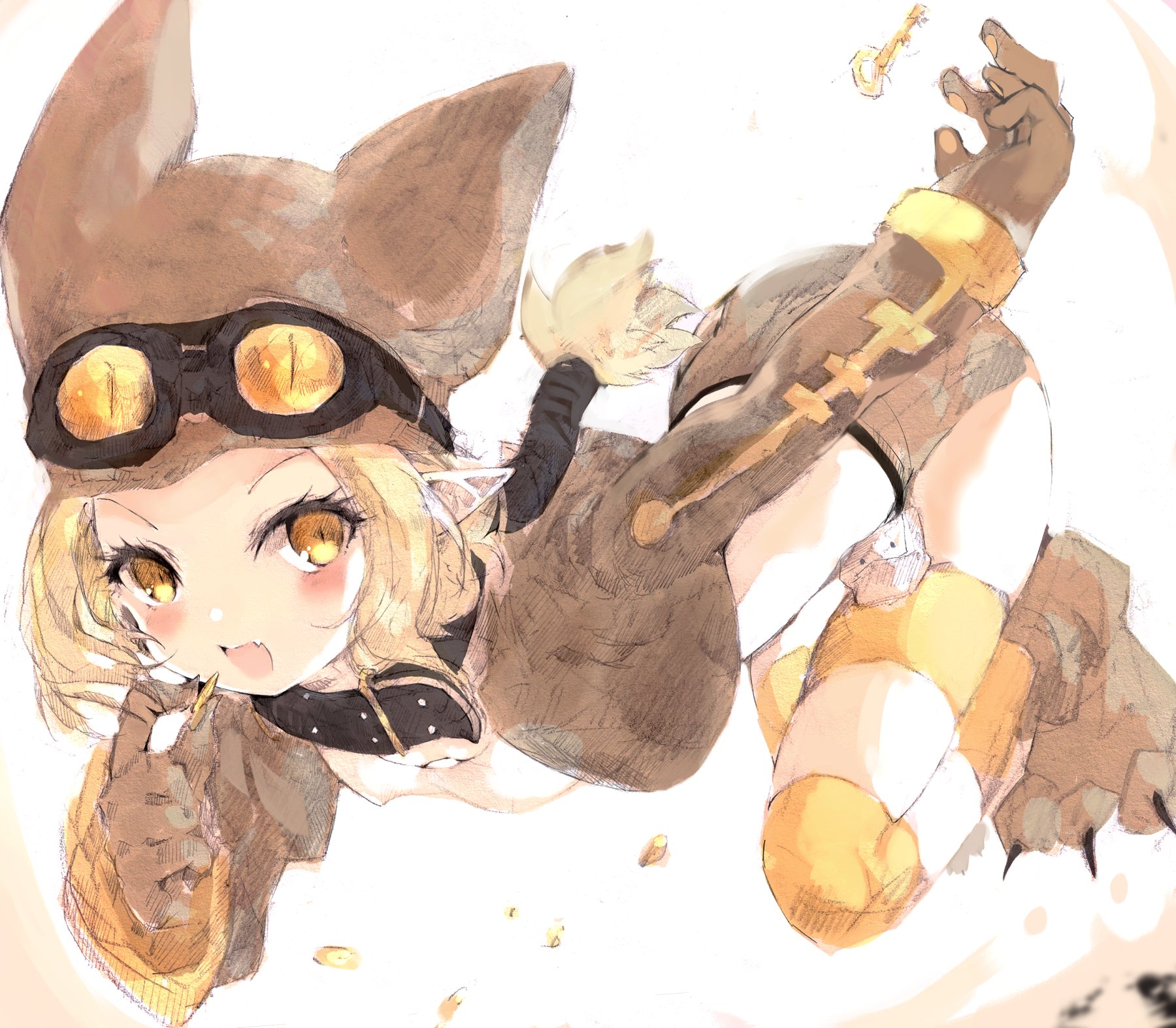 tsutsugano, thief (disgaea), disgaea, makai senki disgaea 2, highres, 1girl, animal hat, arched back, belt collar, black collar, blonde hair, blush, breasts, brown gloves, brown hat, brown jacket, brown shorts, cat hat, cleavage, coin, collar, crop top, cropped jacket, dynamic pose, full body, gloves, goggles, goggles on head, goggles on headwear, hair tubes, hat, holding, holding coin, jacket, key, long sleeves, low ponytail, open mouth, paw shoes, pointy ears, ponytail, shirt, short shorts, shorts, sidelocks, slit pupils, solo, striped clothes, striped thighhighs, thighhighs, tooth, white background, white shirt, yellow eyes