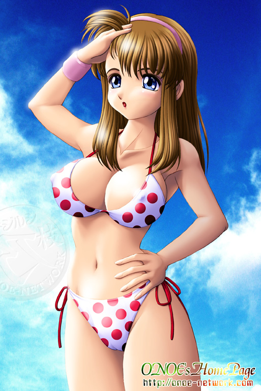 onoe, hitomi (doa), dead or alive, tecmo, 1girl, armband, bikini, blue eyes, breasts, brown hair, cloud, covered erect nipples, day, female focus, large breasts, polka dot, polka dot bikini, polka dot swimsuit, side-tie bikini bottom, sky, solo, swimsuit