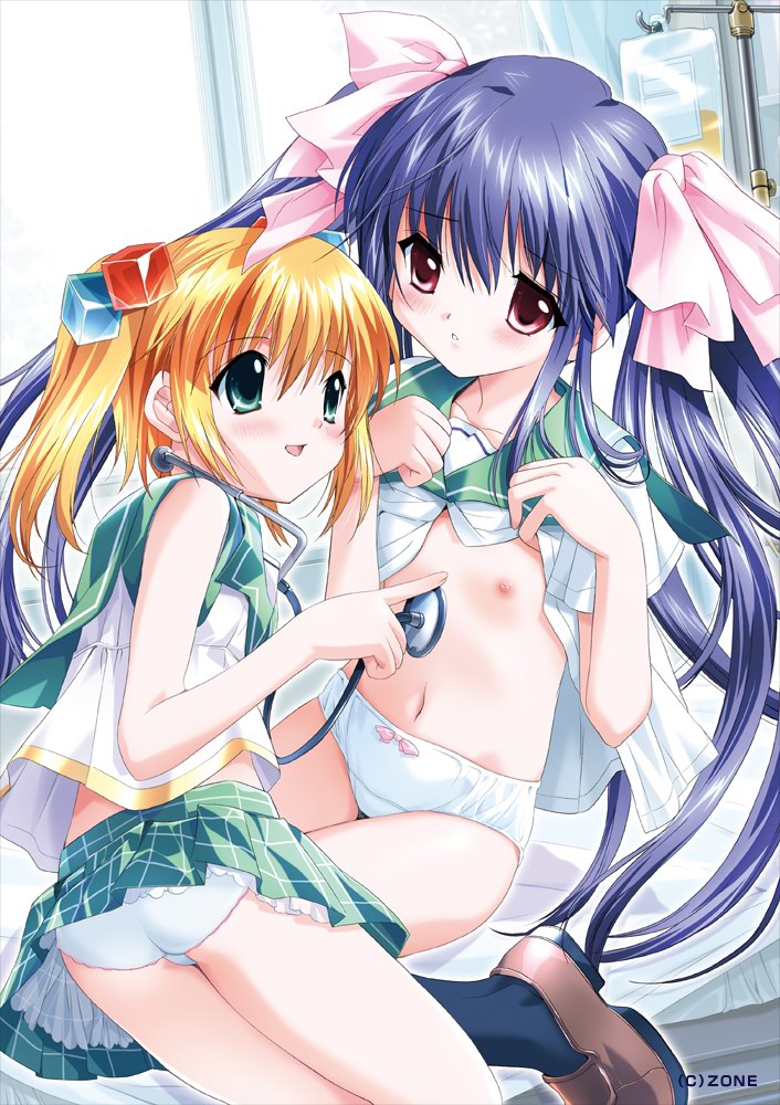 csy, akihime hikaru, momoyama ayumi, pink no ayumi!, artist request, 2girls, blonde hair, blue hair, blush, breasts, clothes lift, flat chest, green eyes, hair ornament, hair ribbon, infirmary, loli, multiple girls, navel, nipples, panties, red eyes, ribbon, school uniform, serafuku, shirt lift, shoes, skirt, small breasts, socks, stethoscope, twintails, underwear
