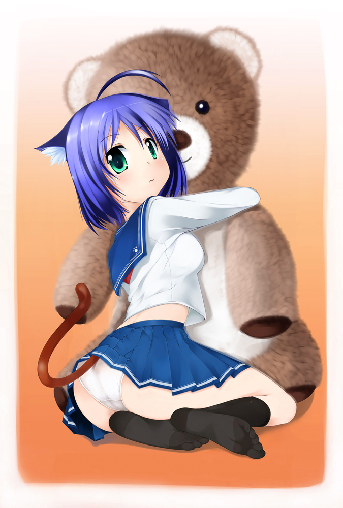 hubrael, original, animal ears, cat ears, cat tail, feet, panties, school uniform, serafuku, socks, solo, stuffed animal, stuffed toy, tail, teddy bear, underwear