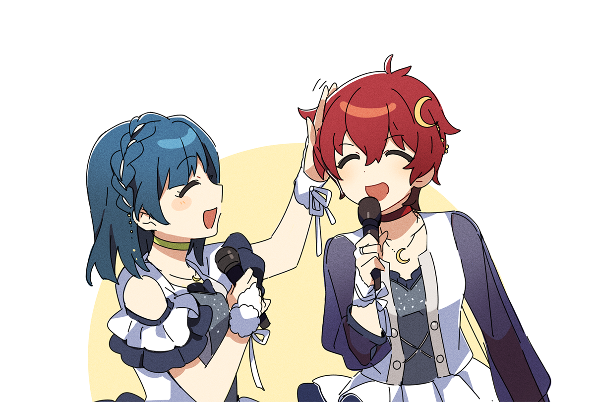 ap bar, julia (idolmaster), nanao yuriko, idolmaster, idolmaster million live!, 2girls, blue hair, choker, closed eyes, crescent, crescent hair ornament, crescent necklace, facing another, hair ornament, headpat, holding, holding microphone, jewelry, microphone, multiple girls, necklace, open mouth, red hair, see-through clothes, see-through sleeves, simple background, smile, upper body, white background