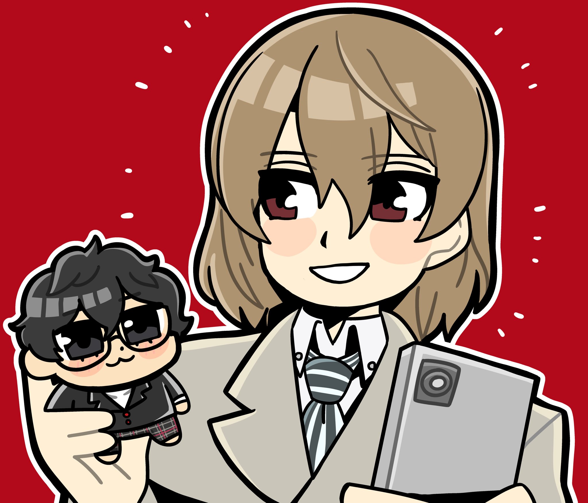 bkub, akechi gorou, amamiya ren, persona, persona 5, highres, 2boys, :3, black-framed eyewear, black hair, black jacket, black necktie, black pants, blazer, blush stickers, brown hair, brown jacket, cellphone, chibi, closed mouth, collared shirt, glasses, hair between eyes, holding, holding chibi, holding phone, jacket, long hair, male focus, multiple boys, necktie, open mouth, outline, pants, phone, plaid clothes, plaid pants, red background, red eyes, school uniform, shirt, short hair, shuujin academy school uniform, simple background, smartphone, smile, striped necktie, white outline, white shirt