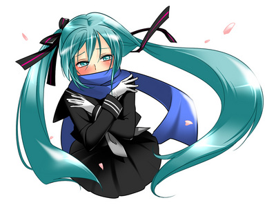 caffein, hatsune miku, vocaloid, lowres, 1girl, aqua hair, black serafuku, blue eyes, blue hair, blue scarf, blush, bow, cherry blossoms, covering own mouth, crossed arms, female focus, gloves, hair ribbon, long hair, matching hair/eyes, petals, ribbon, scarf, scarf over mouth, school uniform, serafuku, skirt, solo, twintails, very long hair, winter