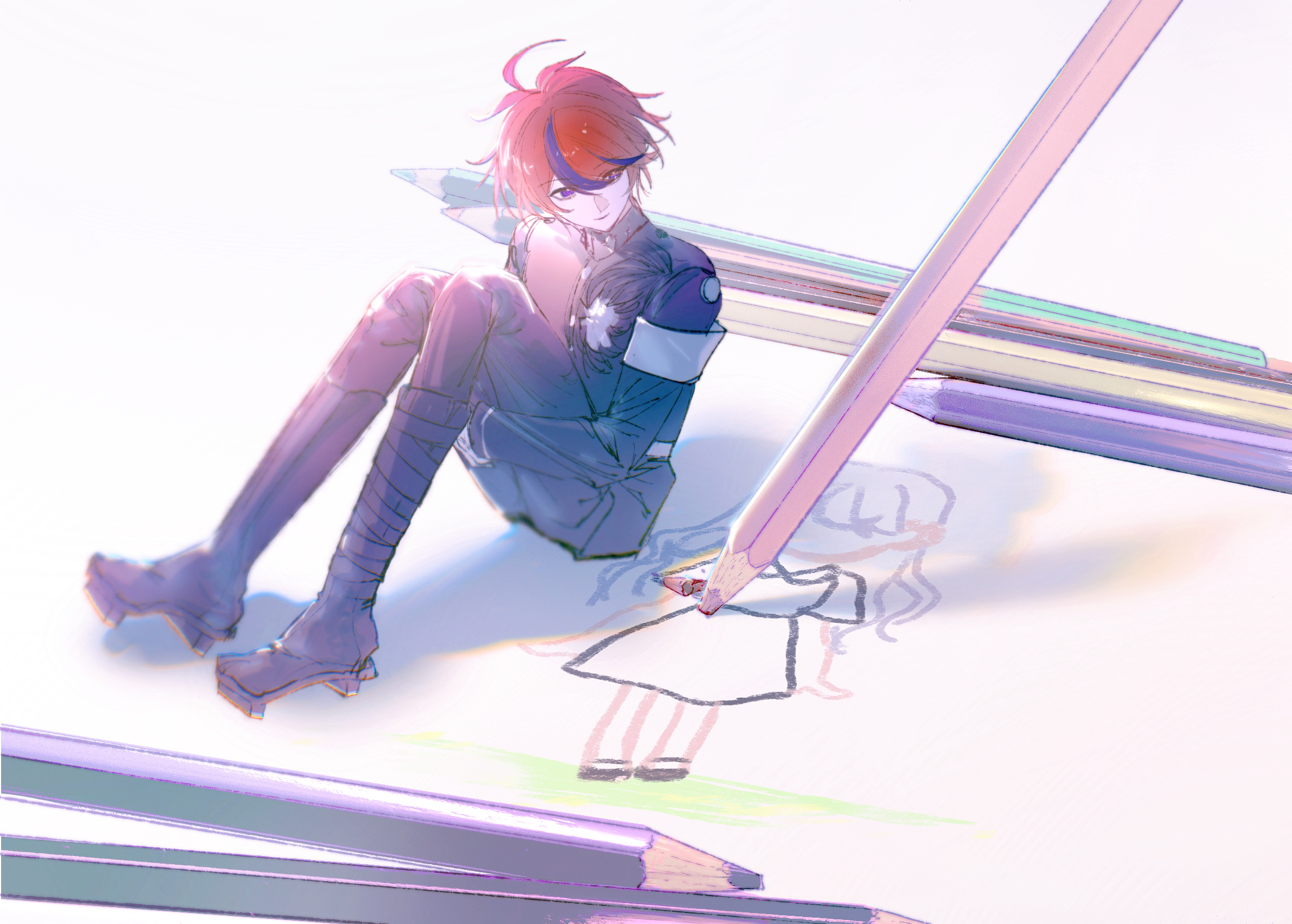 kashimiya karua, sumino takumi, the hundred line -last defense academy-, chinese commentary, commentary request, highres, 1boy, ahoge, armband, black boots, black jacket, black pants, blue eyes, blue hair, boots, child's drawing, colored pencil, daydream1227, full body, geta, hands under legs, jacket, last defense academy school uniform, male focus, multicolored hair, pants, pencil, red hair, school uniform, short hair, sitting, smile, solo, streaked hair, two-tone hair, white armband