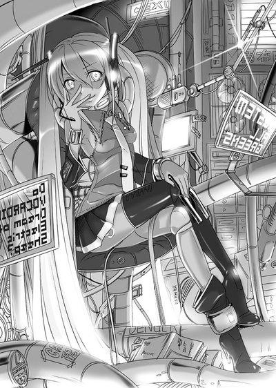 caffein, hatsune miku, vocaloid, 1girl, android, crossed legs, female focus, greyscale, long hair, monochrome, robot, sitting, solo, thighhighs, very long hair