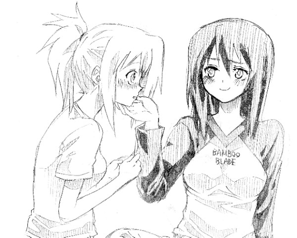 kochoko, chiba kirino, kuwahara sayako, bamboo blade, 00s, 2girls, greyscale, monochrome, multiple girls