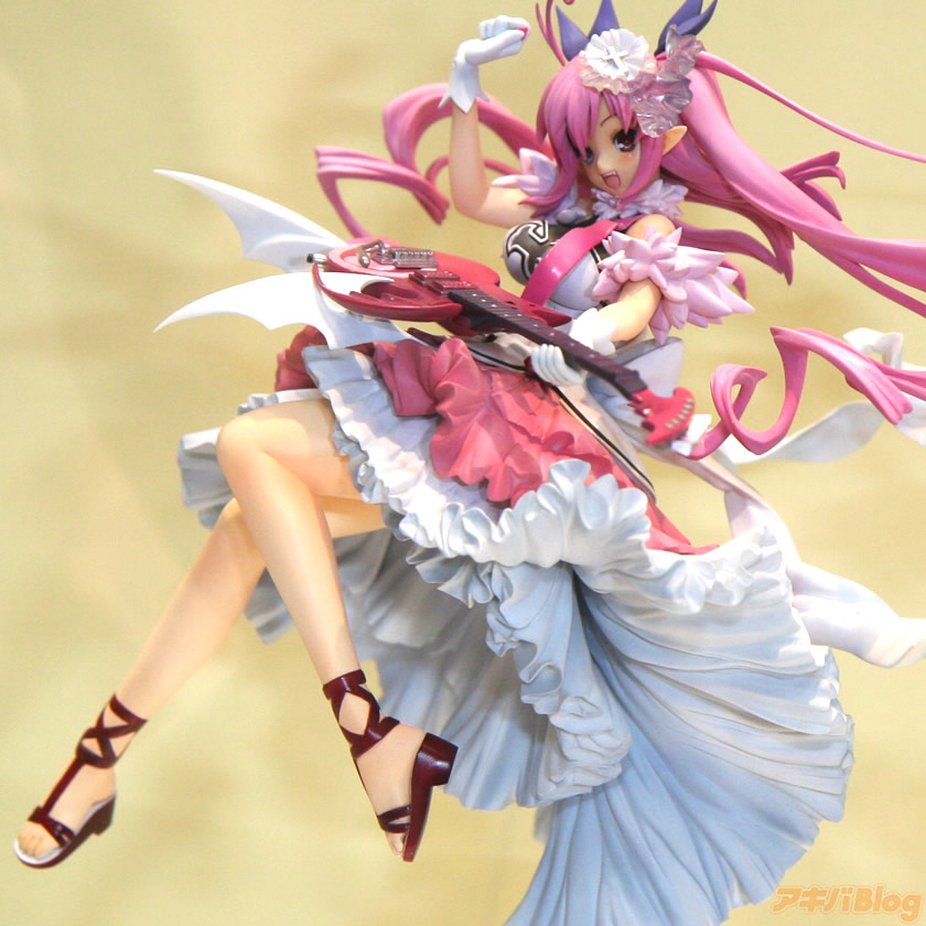 ozawa akifumi, chua churam, chu x chu idol, wonder festival, wonder festival 2008, photo (medium), 1girl, blush, dress, female focus, figure, frills, gloves, guitar, hair ornament, heterochromia, instrument, long hair, pink hair, pointy ears, sandals, solo, very long hair, watermark