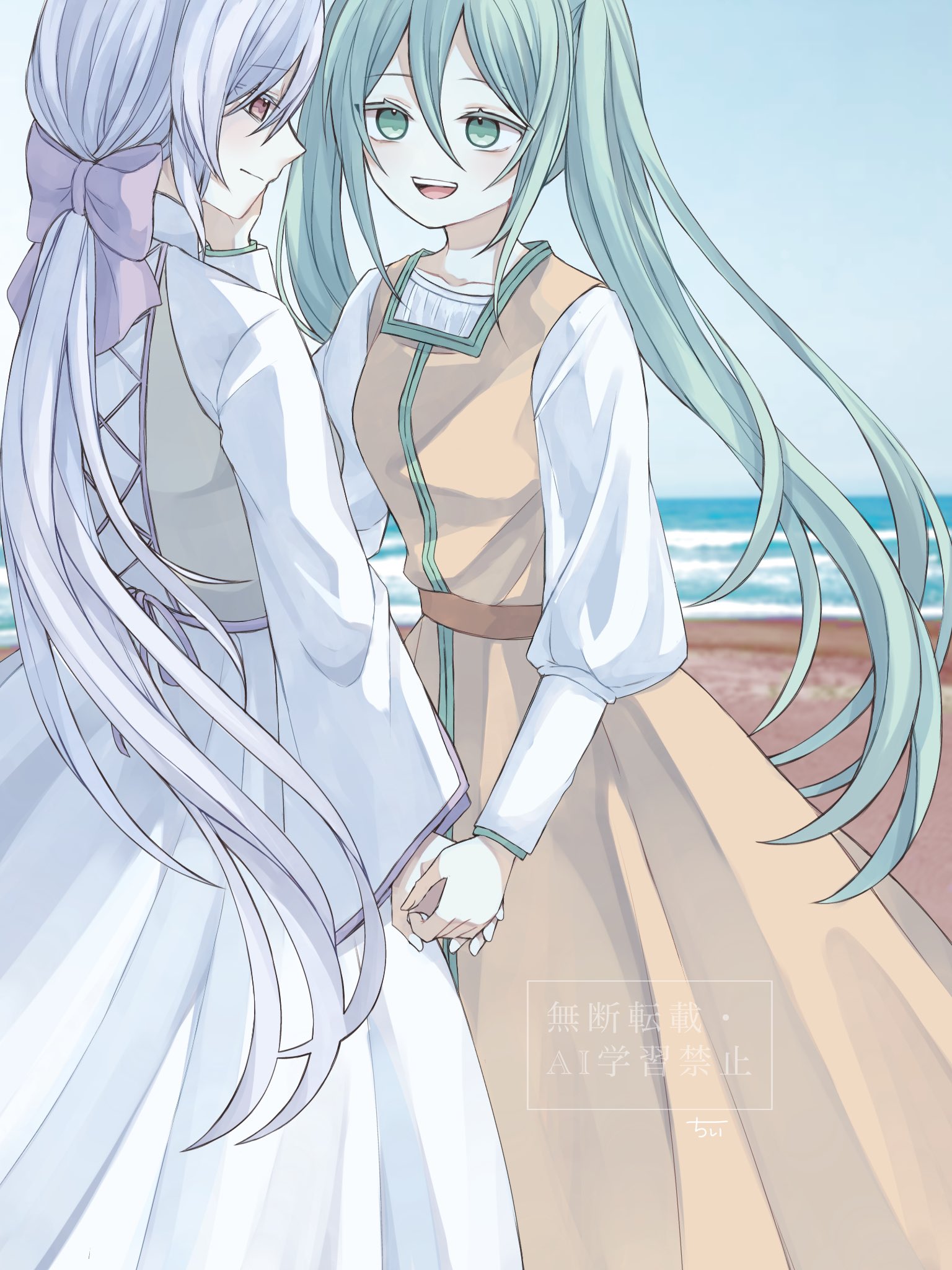 chii1113, hatsune miku, michaela (evillious nendaiki), yowane haku, evillious nendaiki, shiro no musume (vocaloid), vocaloid, highres, 2girls, aqua hair, beach, blouse, blue sky, bow, brown dress, clarith, collarbone, cross-laced clothes, dress, eye contact, face-to-face, foaming waves, green eyes, hair between eyes, hair bow, hand on another's cheek, hand on another's face, hand on own face, holding hands, long hair, long sleeves, looking at another, low ponytail, multiple girls, ocean, open mouth, pale skin, pinafore dress, ponytail, puffy long sleeves, puffy sleeves, purple bow, red eyes, sand, sennen no wiegenlied (vocaloid), shirt, sky, sleeveless, sleeveless dress, smile, twintails, very long hair, waves, white dress, white hair, white shirt, wide sleeves, yuri