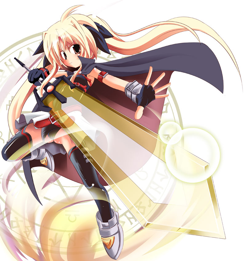 kazekawa nagi, bardiche (nanoha), bardiche (zanber form) (nanoha), fate testarossa, fate testarossa (lightning form), lyrical nanoha, mahou shoujo lyrical nanoha, mahou shoujo lyrical nanoha a's, 00s, 1girl, black gloves, black ribbon, black thighhighs, blonde hair, female focus, fingerless gloves, foreshortening, full body, gloves, hair ribbon, holding, holding sword, holding weapon, long hair, looking at viewer, outstretched arm, red eyes, ribbon, simple background, solo, sword, thighhighs, unsheathed, very long hair, weapon, white background