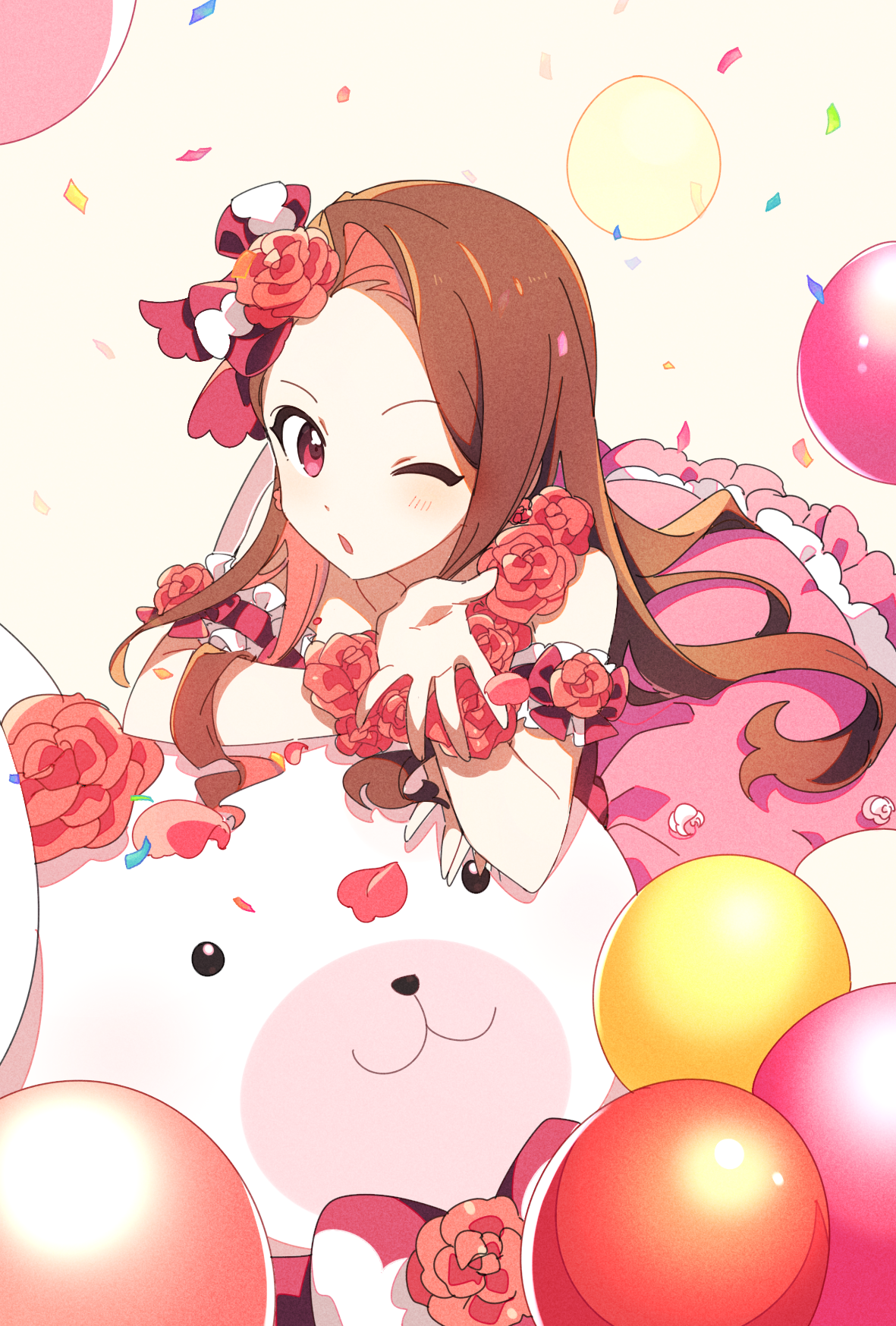 ap bar, minase iori, idolmaster, idolmaster (classic), highres, 1girl, balloon, bow, brown hair, dress, flower, hair bow, hair flower, hair ornament, long hair, looking at viewer, one eye closed, pink dress, red eyes, red flower, red rose, rose, solo, stuffed animal, stuffed rabbit, stuffed toy, usa-chan (idolmaster)