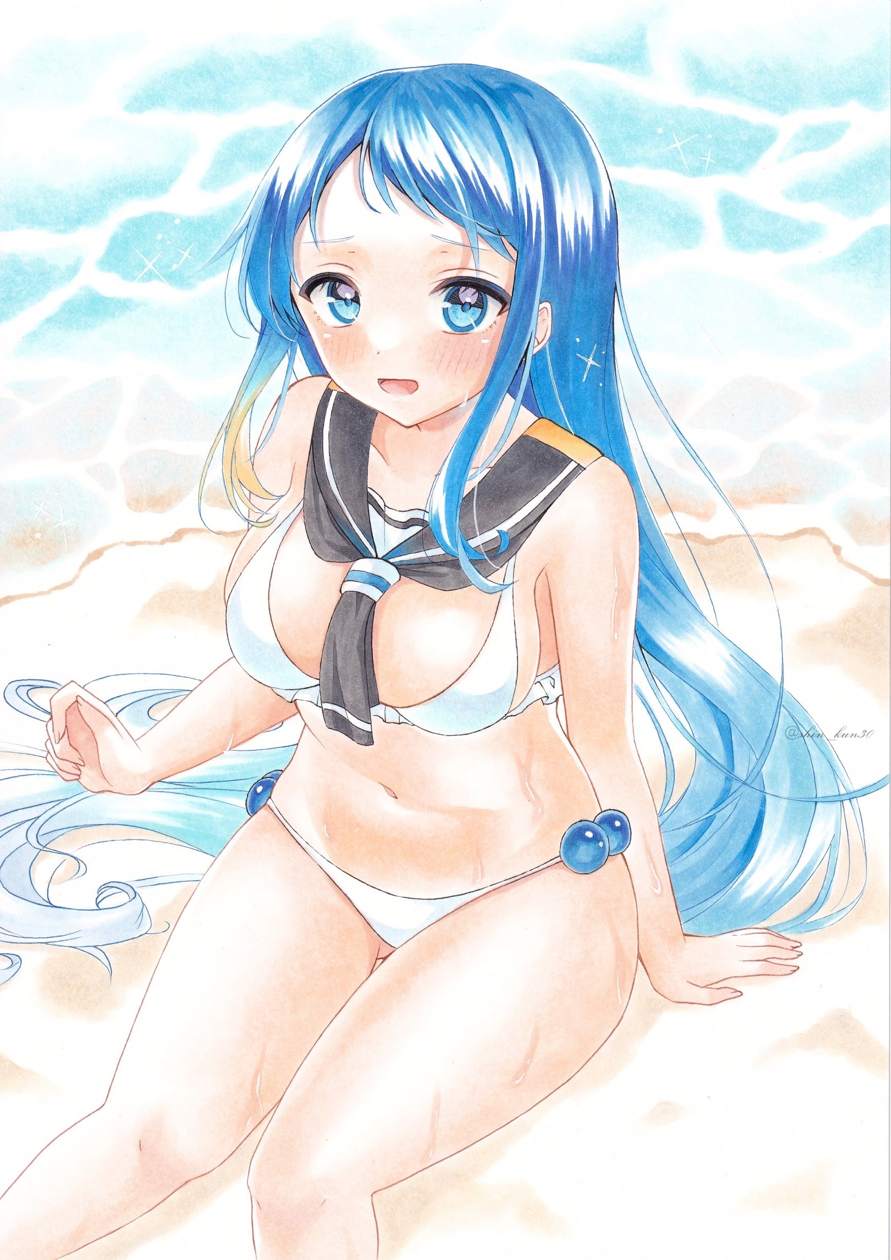 shin kun30, samidare (kancolle), kantai collection, absurdres, commentary, highres, marker (medium), traditional media, 1girl, arm support, beach, bikini, black sailor collar, blue eyes, blue hair, breasts, long hair, looking at viewer, navel, open mouth, sailor collar, sitting, solo, swimsuit, water, white bikini