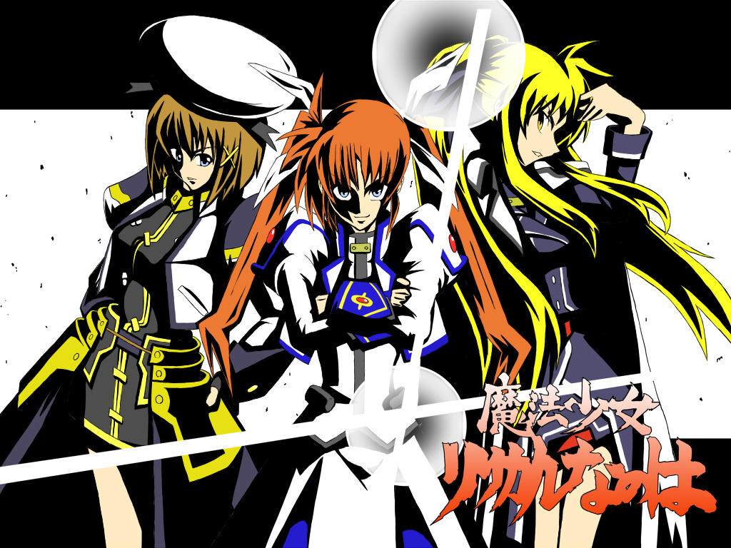 todo (artist), fate testarossa, fate testarossa (impulse form), takamachi nanoha, takamachi nanoha (exceed mode), yagami hayate, lyrical nanoha, mahou shoujo lyrical nanoha, mahou shoujo lyrical nanoha strikers, tengen toppa gurren lagann, 3girls, blonde hair, lens flare, magical girl, multiple girls, parody, style parody, twintails