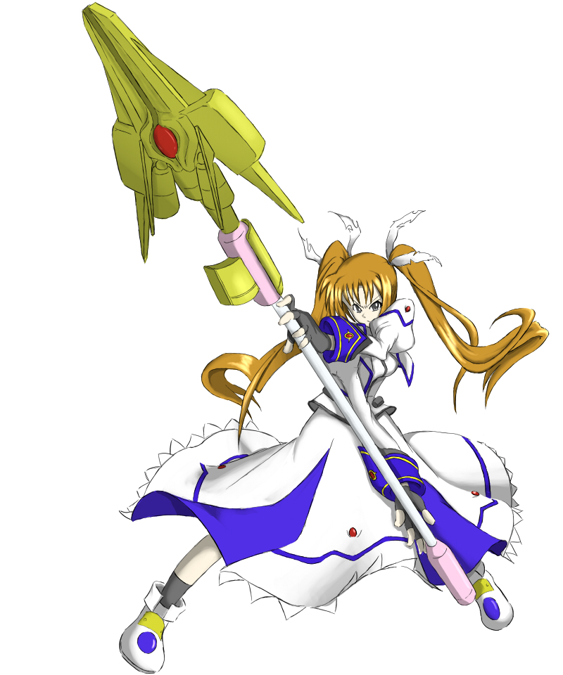 todo (artist), raising heart, raising heart (exceed mode), takamachi nanoha, takamachi nanoha (exceed mode), lyrical nanoha, mahou shoujo lyrical nanoha, mahou shoujo lyrical nanoha strikers, bad id, bad pixiv id, 00s, 1girl, ankle boots, blue eyes, boots, brown hair, dress, female focus, fingerless gloves, full body, gloves, long hair, long sleeves, looking at viewer, magical girl, simple background, solo, twintails, very long hair, white background, white dress