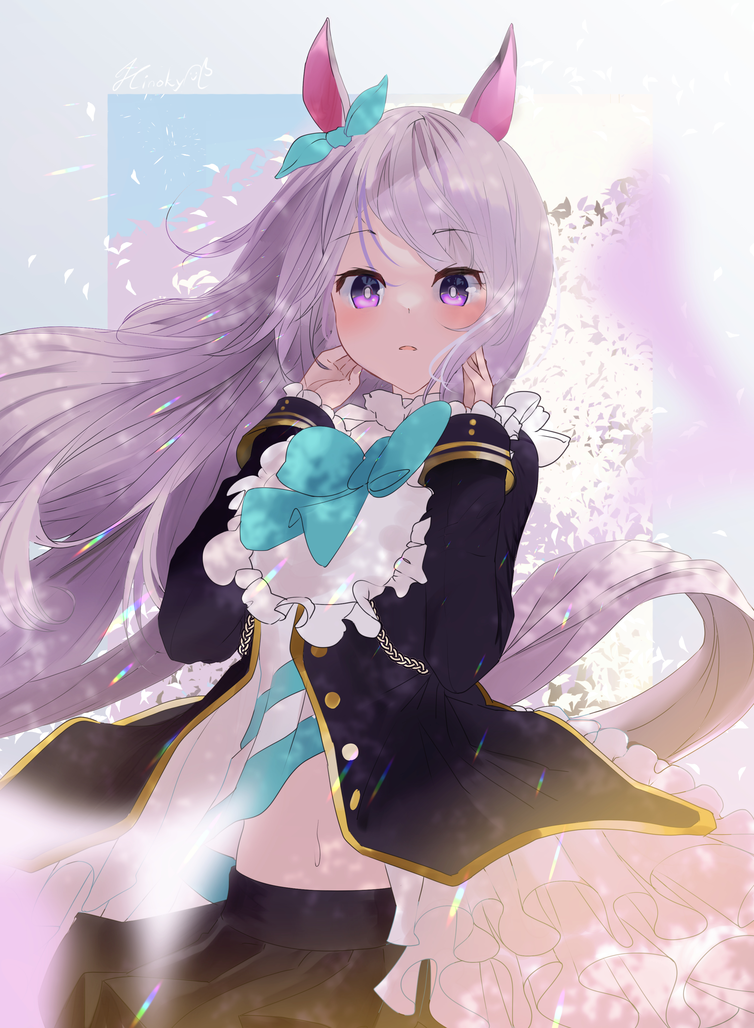 hinokey (hinokey0126), mejiro mcqueen (umamusume), umamusume, absurdres, highres, 1girl, animal ears, aqua bow, black jacket, black skirt, blue shirt, blush, bow, ear bow, horse ears, horse girl, horse tail, jacket, long hair, long sleeves, midriff, navel, parted lips, purple eyes, purple hair, shirt, skirt, solo, striped clothes, striped shirt, tail, white shirt
