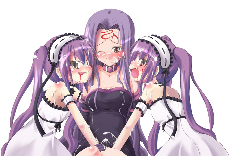 kazekawa nagi, euryale (fate), medusa (fate), medusa (rider) (fate), stheno (fate), fate/stay night, fate (series), 00s, 1futa, 2girls, blush, breasts, cum, dress, fang, ffd threesome, flat chest, futa with female, futanari, futasub, group incest, hairband, handjob, incest, long hair, medium breasts, multiple girls, naughty face, one eye closed, open mouth, penis, purple hair, siblings, sisters, strapless, strapless dress, threesome, tongue, tongue out, twins, twintails, very long hair