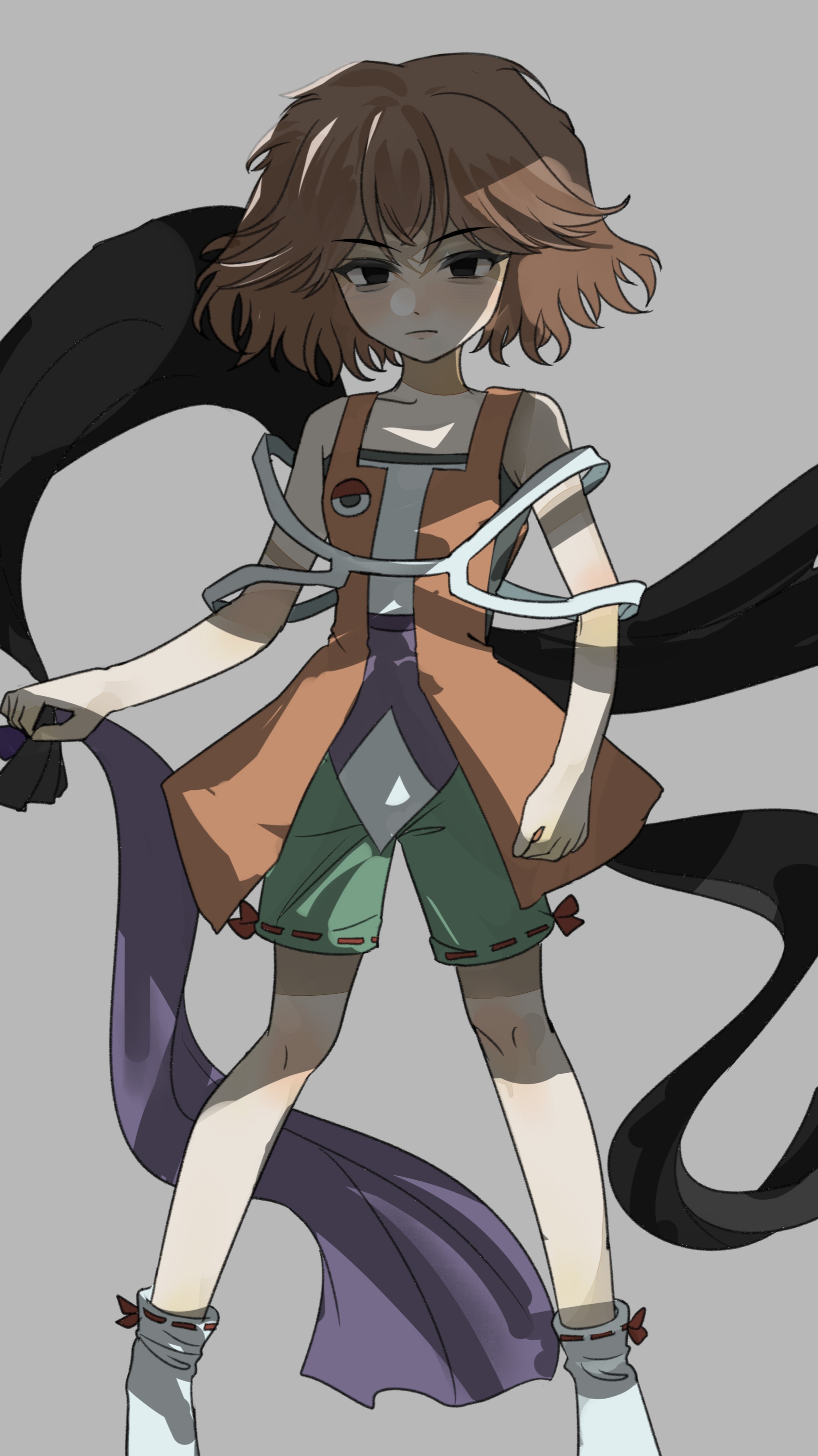 lufeifei, benny (len'en), kuzu suzumi, len'en, absurdres, highres, 1other, androgynous, bags under eyes, bare legs, bare shoulders, black eyes, black scarf, brooch, brown hair, closed mouth, collarbone, dot nose, expressionless, eye brooch, eye of senri, furrowed brow, green shorts, grey background, hair between eyes, holding, holding unworn clothes, holding unworn scarf, jacket, jewelry, knees, light blush, light frown, looking at viewer, loose hair strand, open clothes, open jacket, orange jacket, other focus, purple scarf, purple shirt, red ribbon, ribbon, ribbon-trimmed shorts, ribbon-trimmed socks, ribbon legwear, ribbon trim, scarf, shirt, short hair, shorts, simple background, sleeveless, sleeveless jacket, sleeveless shirt, socks, solo, standing, two-sided scarf, two-tone shirt, unworn scarf, white shirt, white socks