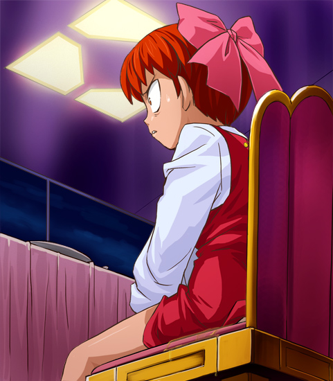 haruyama kazunori, nekomusume, gegege no kitarou, toei company, light, 1girl, accident, bow, chair, curtains, dress, female focus, from behind, hair bow, light rays, long sleeves, on chair, pee, peeing, peeing self, pink bow, red dress, short hair, solo, wide-eyed