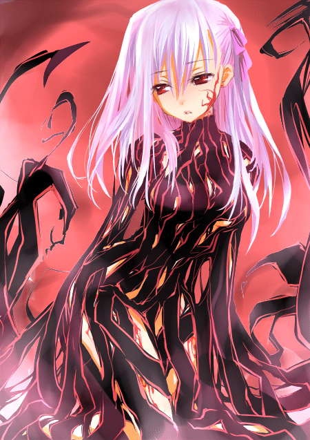 mofmof (sousa), dark matou sakura, dark sakura, matou sakura, fate/stay night, fate (series), 00s, 1girl, arms at sides, black bodysuit, bodysuit, breasts, female focus, long hair, medium breasts, pink hair, red background, red eyes, simple background, skin tight, solo, turtleneck, very long hair