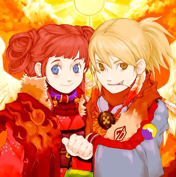2girls, blonde hair, blue eyes, brown eyes, cigarette, collar, multiple girls, ponytail, red hair, smile, sun