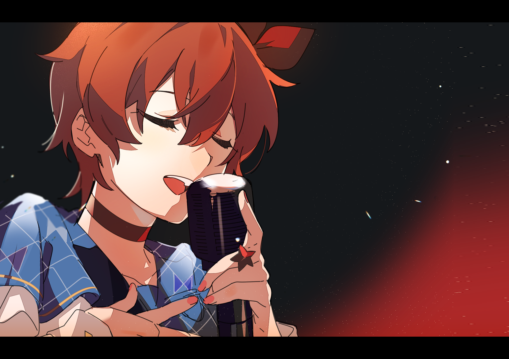 ap bar, julia (idolmaster), idolmaster, idolmaster million live!, idolmaster million live! theater days, highres, 1girl, choker, closed eyes, fingernails, hair between eyes, infinite sky (idolmaster), letterboxed, microphone, music, nail polish, official alternate costume, open mouth, red choker, red hair, short hair, singing, solo, teeth, upper teeth only