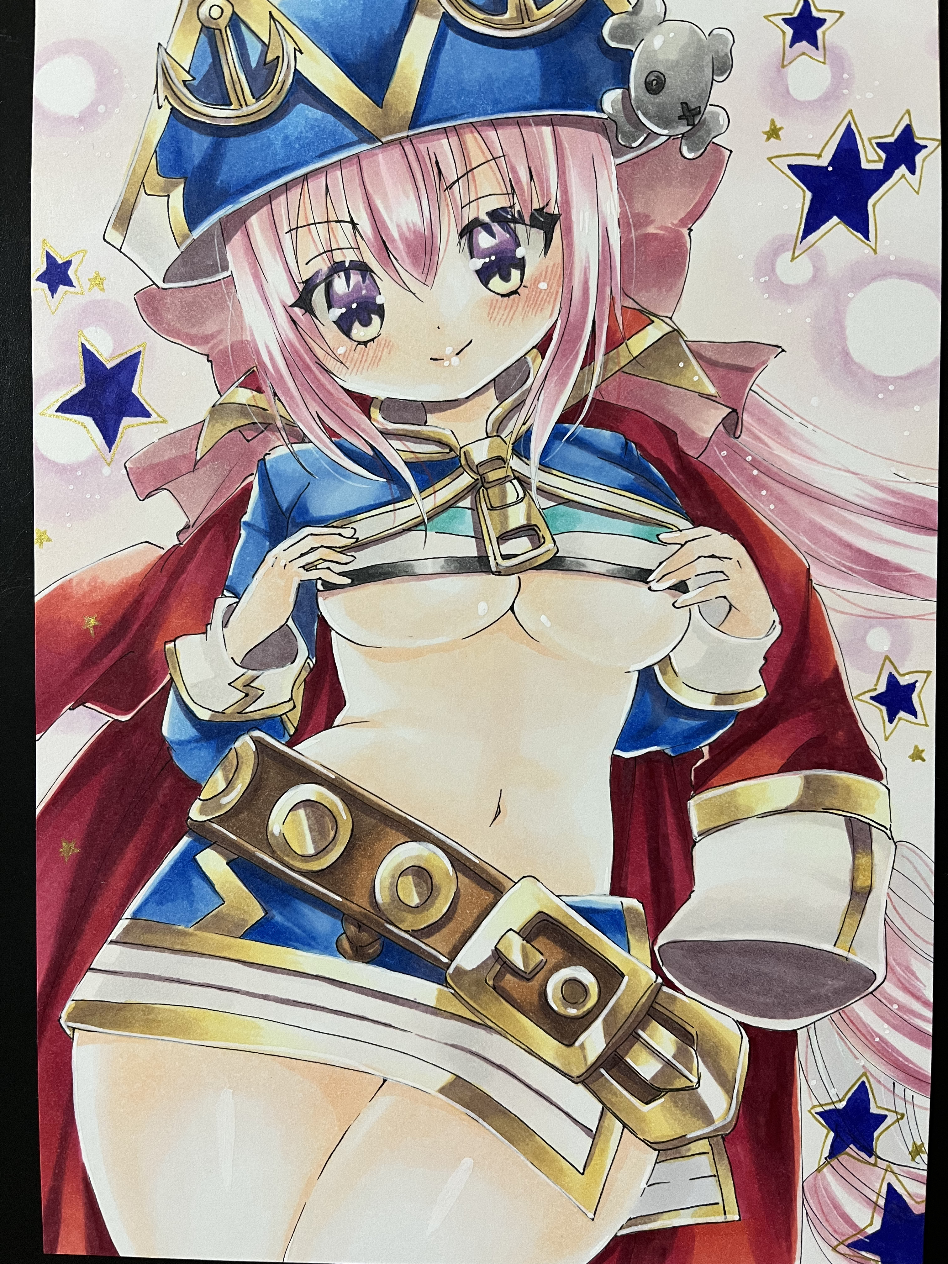 kae (bluebluebluebelly), emil chronicle online, absurdres, highres, 1girl, belt, blue hat, blue jacket, blue sky, blue tank top, bow, breasts, captain kid lore, hair bow, hands on own chest, hat, jacket, jacket on shoulders, large breasts, looking at viewer, navel, pink bow, pink hair, pirate hat, ponytail, purple eyes, red jacket, side slit, sky, smile, solo, split ponytail, star (symbol), star symbol background, striped tank top, tank top, thighs, underboob, white tank top