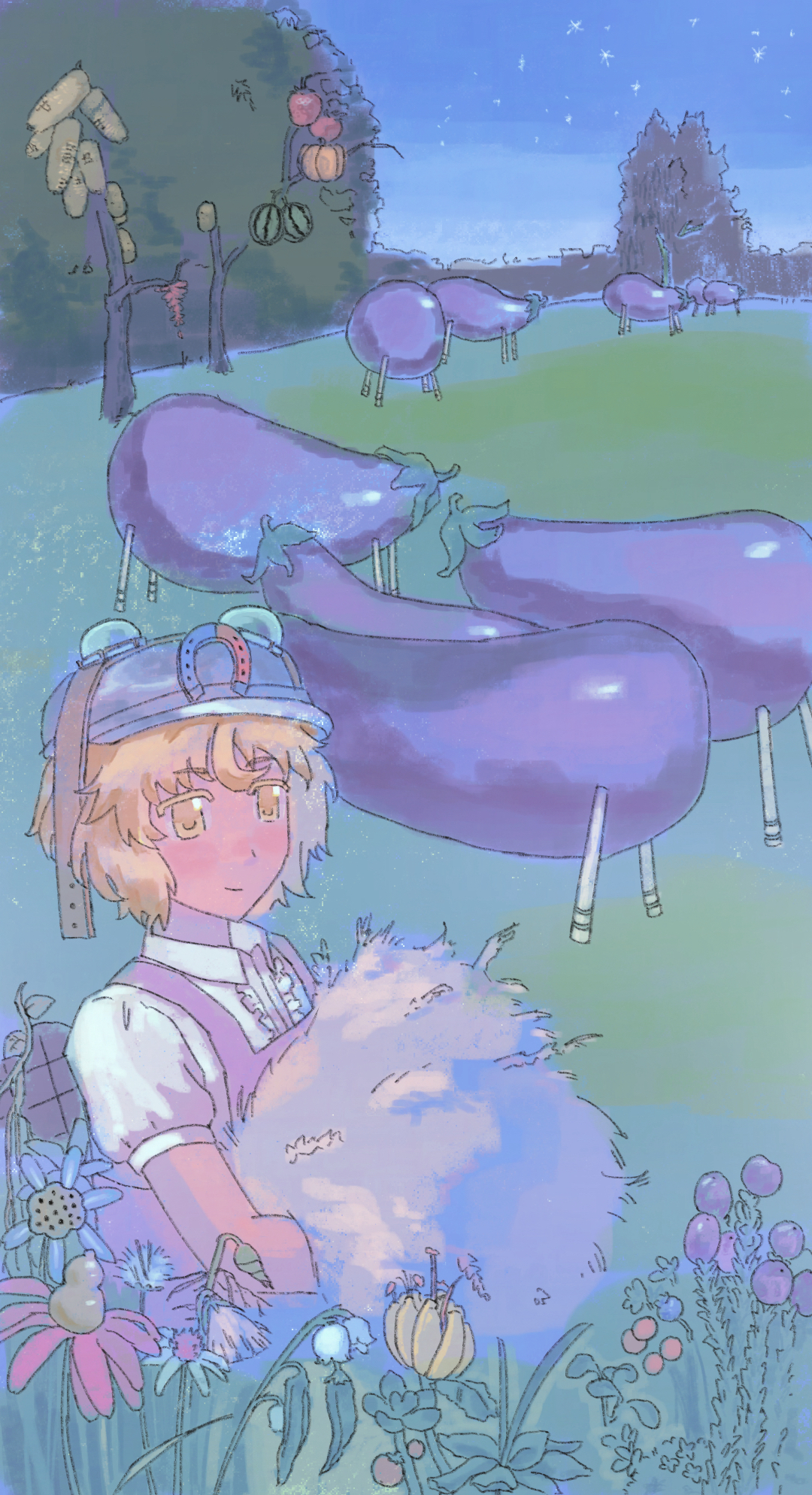 umatachi tsugumi, len'en, highres, 1other, androgynous, bare arms, blonde hair, brown-framed eyewear, bush, center frills, collared shirt, eggplant, flower, frills, garden, goggles, goggles on headwear, grey helmet, helmet, holding, looking ahead, magnet, merry 765, night, night sky, other focus, outdoors, pink flower, puffy short sleeves, puffy sleeves, purple vest, shirt, short hair, short sleeves, sky, solo, star (sky), starry sky, tree, upper body, vest, white flower, white shirt, yellow eyes, yellow flower