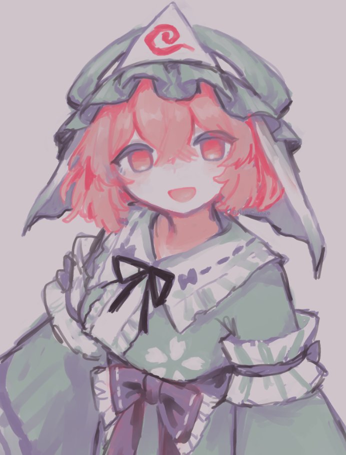 natucurage, saigyouji yuyuko, touhou, 1girl, blue dress, blue hat, dress, frilled dress, frills, hat, looking at viewer, mob cap, open mouth, pink eyes, pink hair, short hair, solo