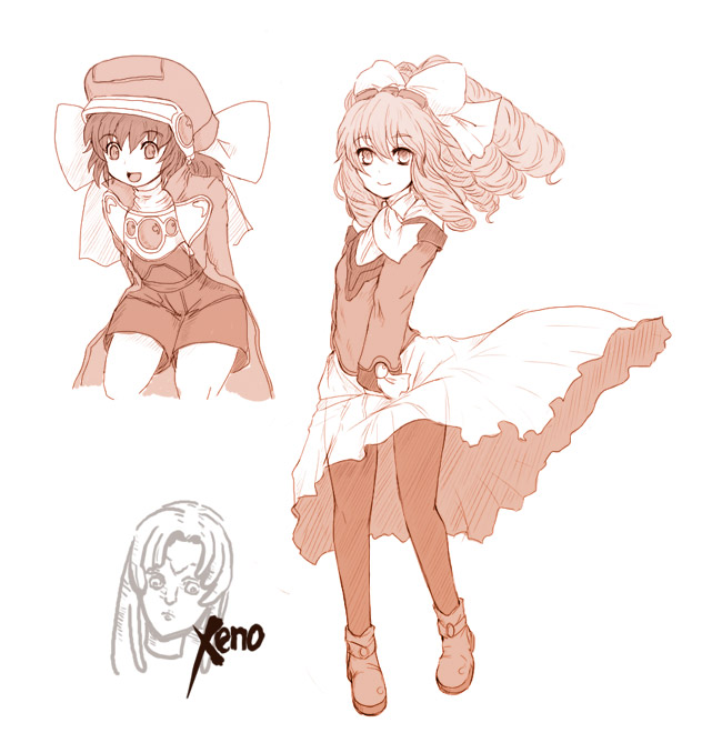 kara (color), marguerite fatima, maria balthasar, mokkos, xenogears, drill hair, hat, pantyhose, ribbon, wind