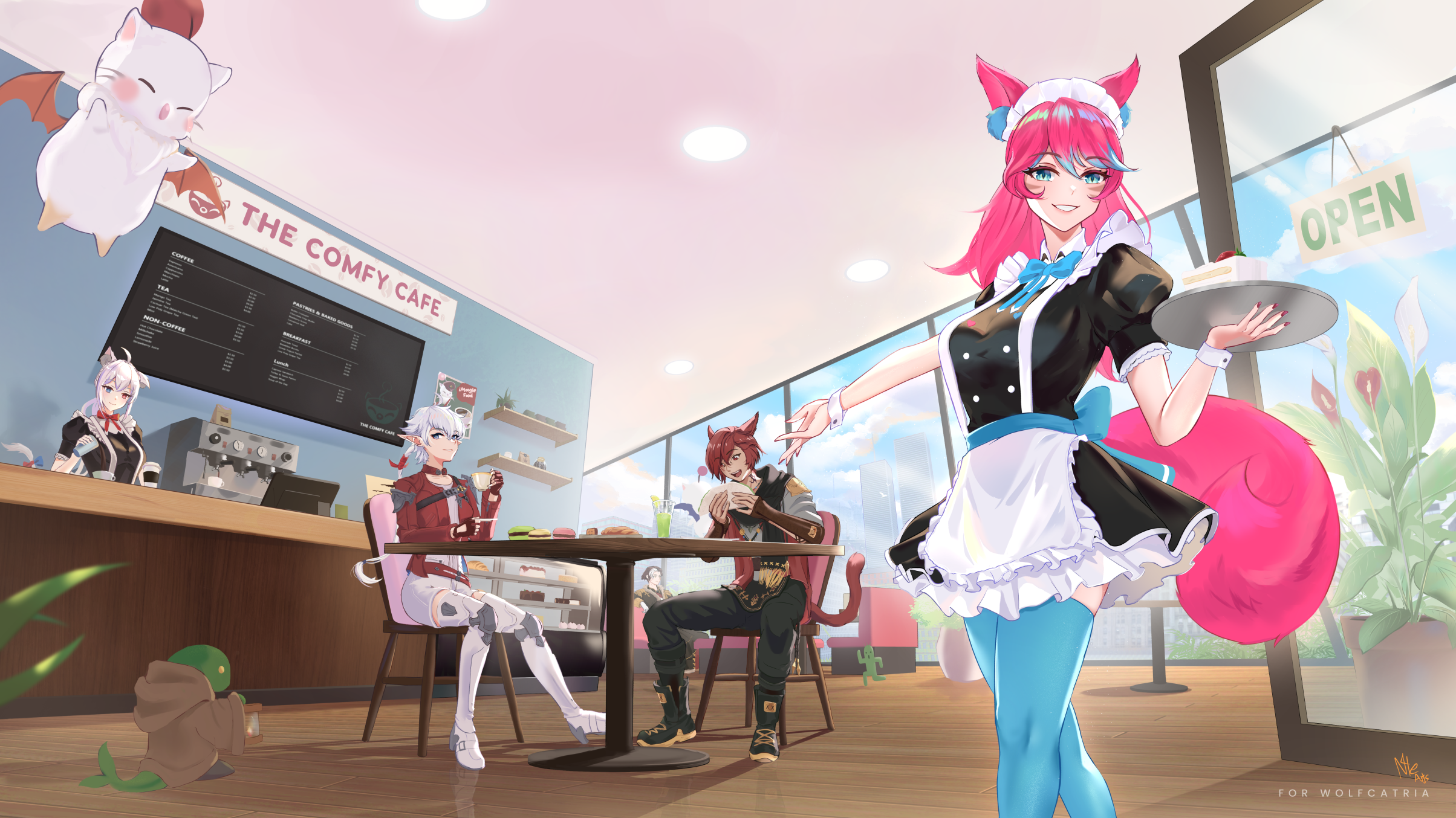 n4teart, alisaie leveilleur, g'raha tia, moogle, warrior of light (ff14), final fantasy, final fantasy xiv, highres, 1boy, 3girls, animal ear fluff, animal ears, back bow, black dress, blue bow, blue bowtie, blue thighhighs, bow, bowtie, brown hair, cafe, colored tips, cup, dress, food, holding, holding cup, holding tray, indoors, miqo'te, multicolored hair, multiple girls, pink hair, sitting, smile, table, tail, thighhighs, tray, virtual youtuber, waitress, white hair