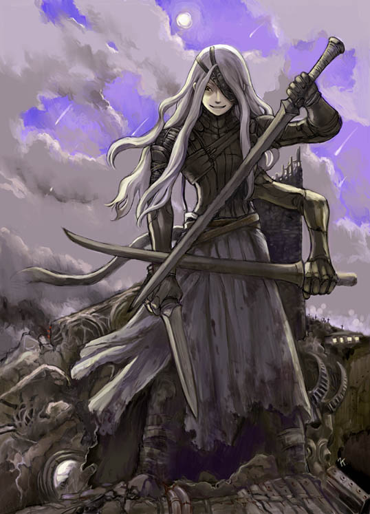 armor, eyepatch, long hair, sword, weapon, white hair