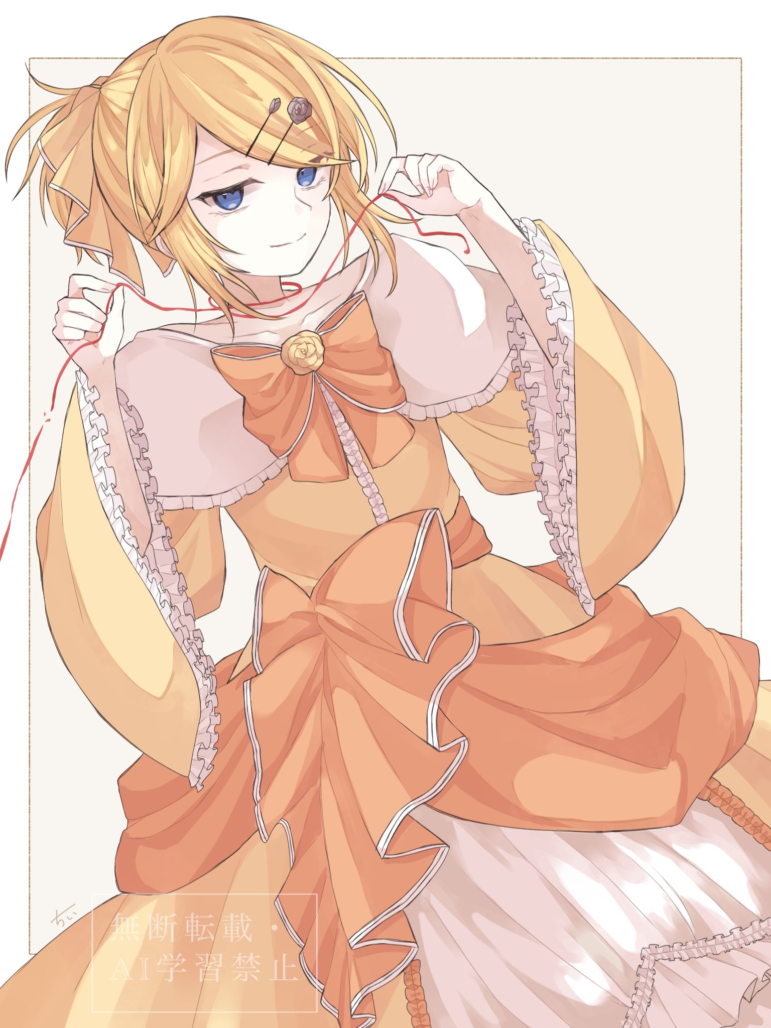 chii1113, kagamine rin, riliane lucifen d'autriche, aku no musume (vocaloid), evillious nendaiki, vocaloid, highres, 1girl, blonde hair, blue eyes, bow, collarbone, dress, dress bow, dress flower, dutch angle, eyelashes, flat chest, flower, frilled dress, frilled sleeves, frills, hair bow, hair ornament, hairclip, half-closed eyes, high ponytail, holding, holding string, implied decapitation, looking at viewer, off-shoulder dress, off shoulder, orange bow, orange ribbon, petticoat, ponytail, ribbon, rose, solo, string, string around neck, string of fate, swept bangs, symbolism, updo, waist ribbon, wide sleeves, yellow bow, yellow dress, yellow flower, yellow rose