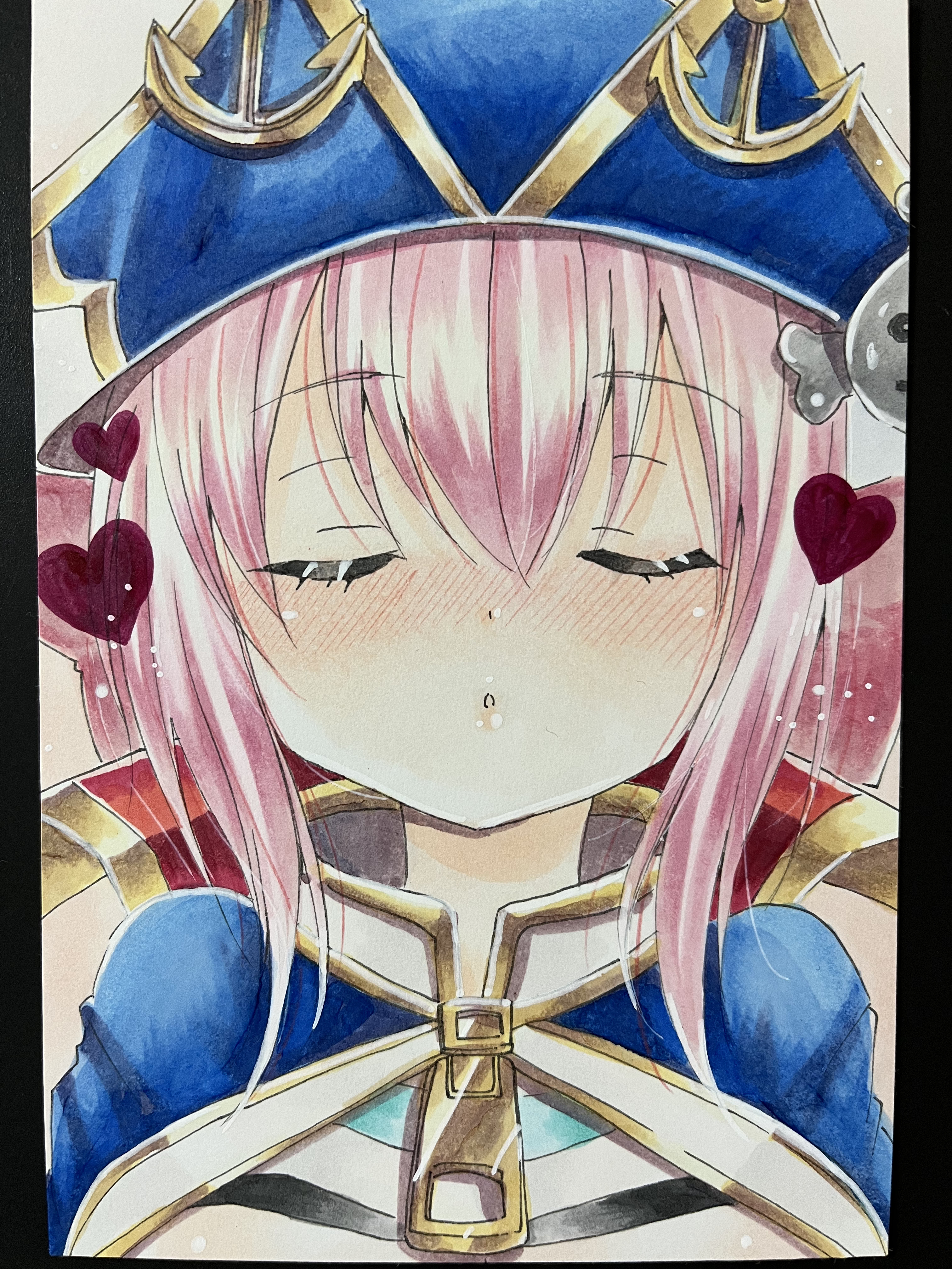 kae (bluebluebluebelly), emil chronicle online, absurdres, highres, 1girl, blue hat, blue jacket, blue tank top, blush, bow, captain kid lore, closed eyes, hair bow, hat, heart, imminent kiss, jacket, jacket on shoulders, nose blush, pink bow, pink hair, pirate hat, puckered lips, red jacket, solo, spoken heart, striped tank top, tank top, upper body, white background, white tank top