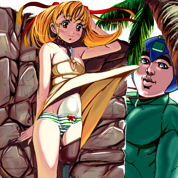 kouno (masao), mega man (character), capcom, mega man (classic), mega man (series), blue headwear, wall, character request, 1boy, 1girl, adjusting hair, against wall, bare arms, bare shoulders, belt, blonde hair, blush, bodysuit, bow, bow panties, breasts, brown belt, cleavage cutout, clothes lift, clothing cutout, coconut tree, collar, egg, feet out of frame, green bodysuit, heart, heart cutout, helmet, long hair, looking at viewer, palm tree, panties, peg leg, simple background, skirt, skirt lift, small breasts, standing, stone wall, striped clothes, striped panties, tree, underwear, what, white background, wind, wind lift