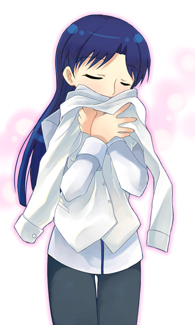 otoutogimi, kisaragi chihaya, idolmaster, idolmaster (classic), idolmaster 1, 00s, 1girl, blush, closed eyes, dress shirt, female focus, hug, hugging object, long hair, long sleeves, pants, shirt, smelling, solo, standing, thigh gap, very long hair, white shirt