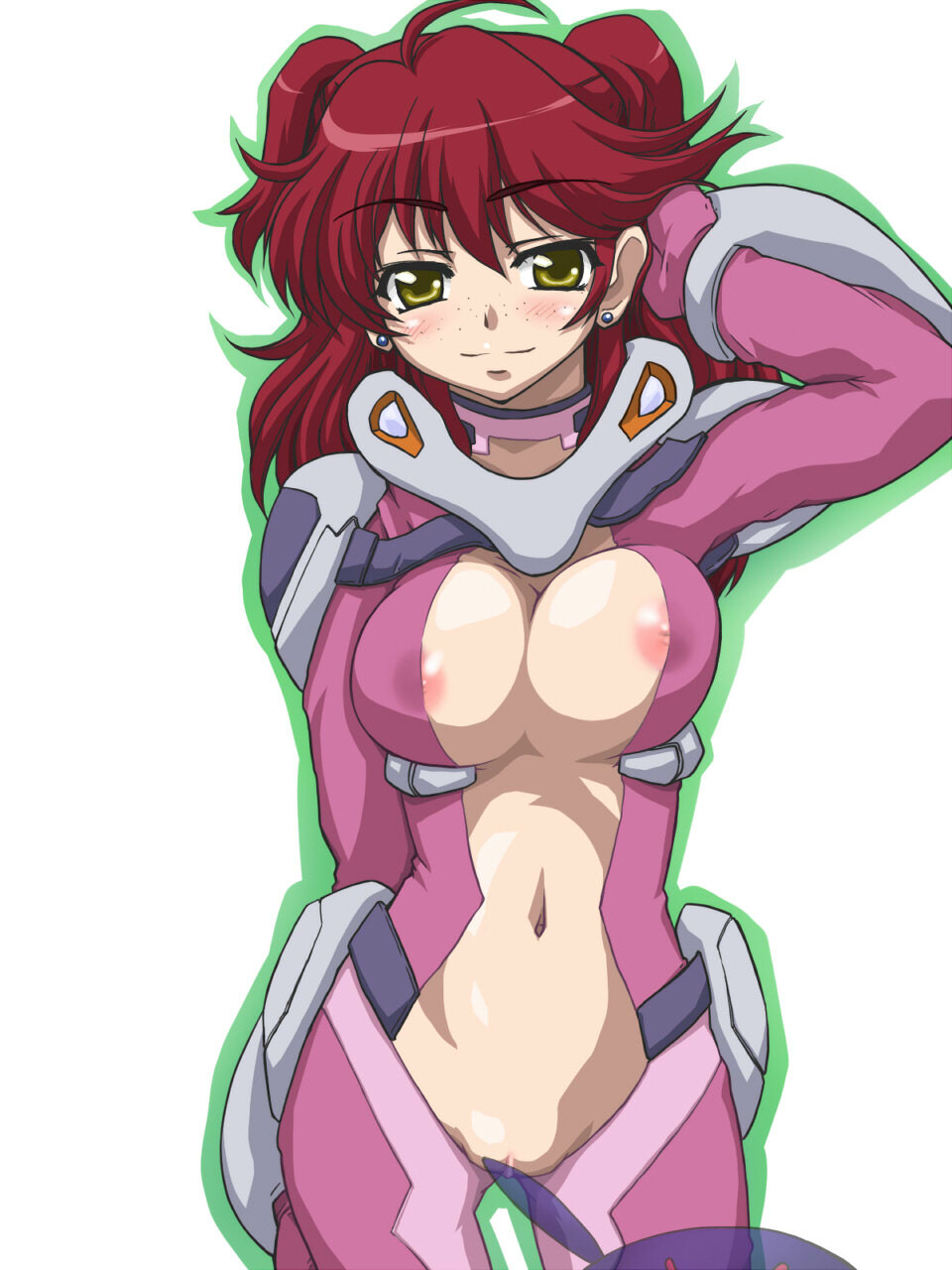 nanamo, nanamo (002a), bad haro, haro, nena trinity, gundam, gundam 00, highres, 00s, 1girl, blush, bodysuit, breasts, center opening, female focus, freckles, medium breasts, nipple slip, nipples, pussy, red hair, solo, uncensored, yellow eyes