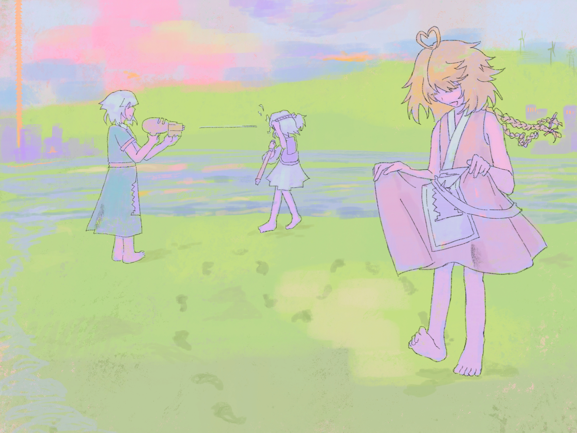 fujiwara no iyozane, fujiwara no shirogane no sanra, ooama no ake no mitori, len'en, highres, 3others, ^^^, adoptive siblings, androgynous, antenna hair, apron, bare arms, bare legs, bare shoulders, barefoot, blonde hair, blue hair, blue hakama, blue sky, blunt bangs, closed eyes, cloud, collared shirt, day, dot nose, dress, expressionless, face-to-face, feet, firing, floating hair, footprints, from side, full body, green dress, grey hair, grey headband, grey ribbon, hachimaki, hair over eyes, hair ribbon, hakama, hakama short skirt, hakama skirt, hand on own face, happy, headband, heart antenna hair, hill, holding, holding water gun, japanese clothes, kimono, long dress, long hair, merry 765, military uniform, multiple others, no cape, no headwear, open mouth, other focus, outdoors, pagoda, pinwheel, ponytail, purple kimono, red hakama, red kimono, red ribbon, ribbon, shadow, shirt, shirt under dress, short hair, short ponytail, siblings, side ponytail, skirt, skirt hold, sky, sleeveless, sleeveless kimono, smile, sunset, toes, very long hair, waist apron, water gun, white apron, white shirt, wind