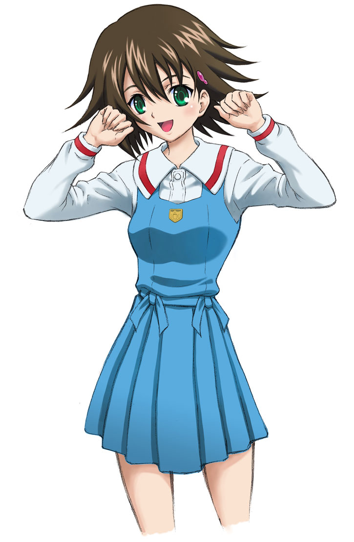 isurugi noe, true tears, 00s, 1girl, arms up, blue dress, brown hair, collared shirt, cropped legs, dress, female focus, green eyes, long sleeves, looking at viewer, school uniform, serafuku, shirt, simple background, solo, white background, white shirt