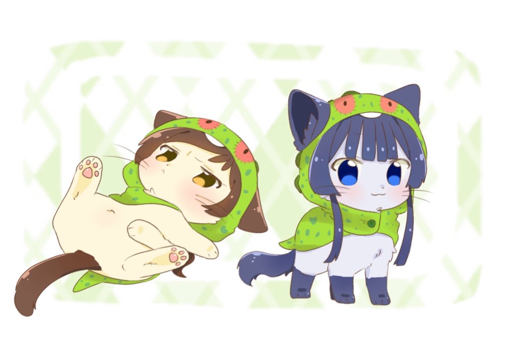 hutaba, kitazawa shiho, mogami shizuka, idolmaster, idolmaster million live!, :3, animal, animal focus, animalization, black hair, blue eyes, brown eyes, brown hair, cat, closed mouth, clothed animal, full body, looking at viewer, lying, no humans, on back, standing