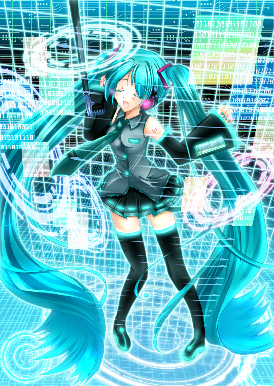 sakayaki (burning soul), hatsune miku, vocaloid, bad id, bad pixiv id, 1girl, aqua hair, closed eyes, female focus, long hair, microphone, music, singing, solo, thighhighs, twintails, very long hair
