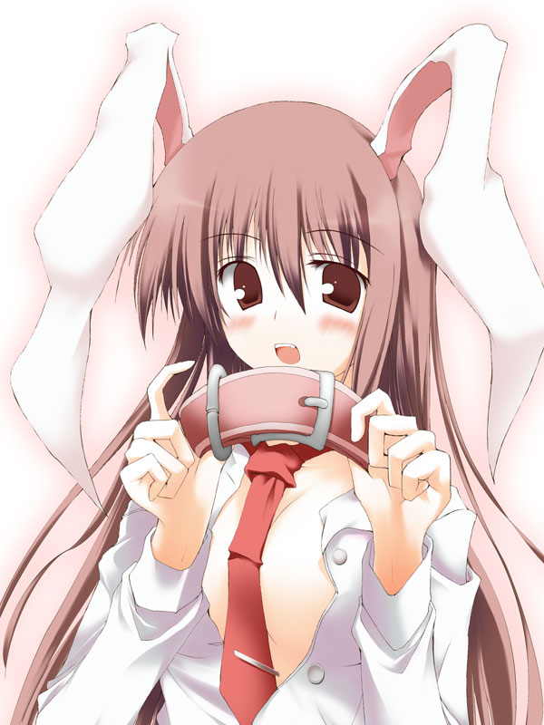 gisyo, reisen udongein inaba, touhou, 1girl, animal ears, collar, female focus, gradient background, open clothes, open shirt, rabbit ears, shirt, solo, upper body, white background