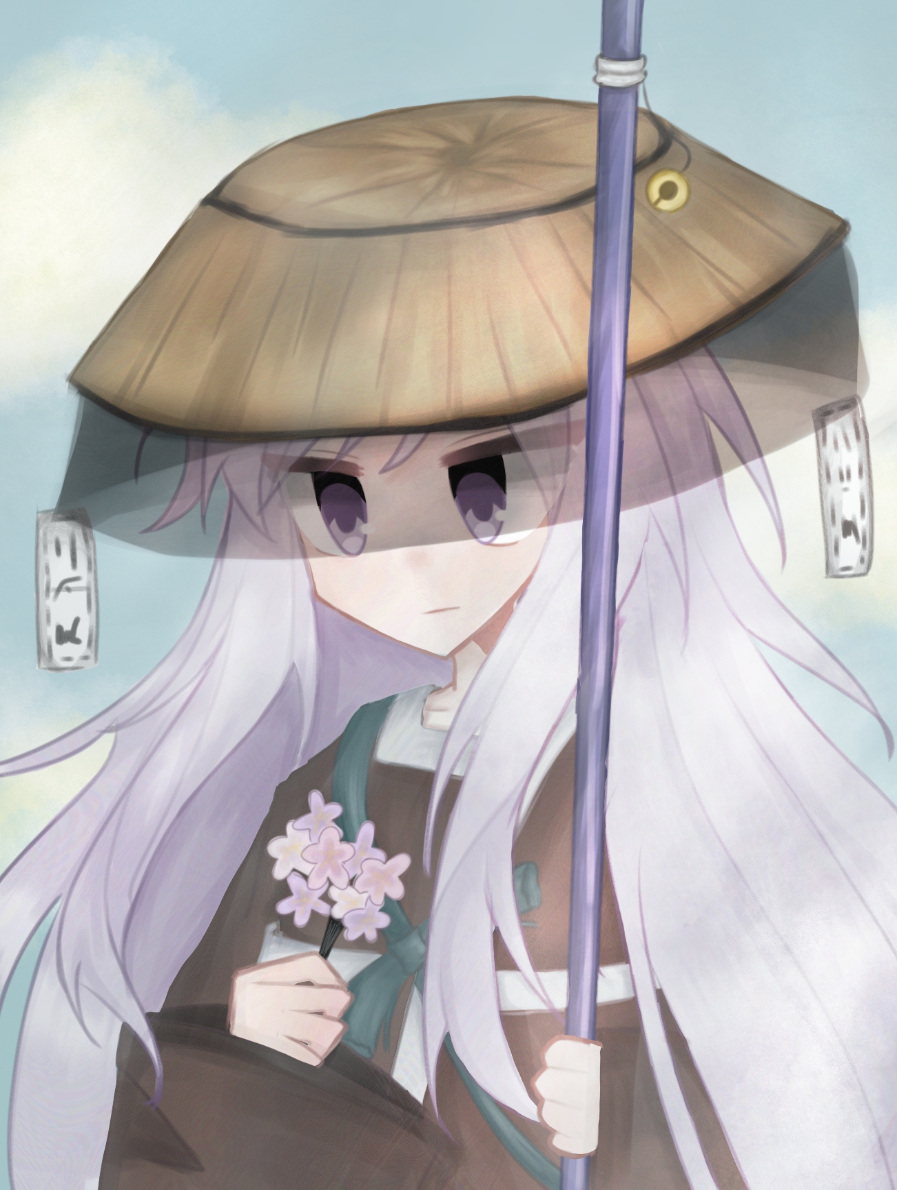 shirami souko, len'en, highres, 1other, ajirogasa, androgynous, black veil, blue sky, bow, bowtie, brown kimono, closed mouth, cloud, compass (xinjinjumin6687443), day, expressionless, flower, green bow, green bowtie, hat, holding, holding flower, holding staff, japanese clothes, kimono, long hair, long sidelocks, long sleeves, ofuda, other focus, outdoors, pink flower, purple eyes, purple hair, see-through clothes, see-through veil, sidelocks, sky, solo, staff, tsurime, upper body, veil, very long hair, wide sleeves