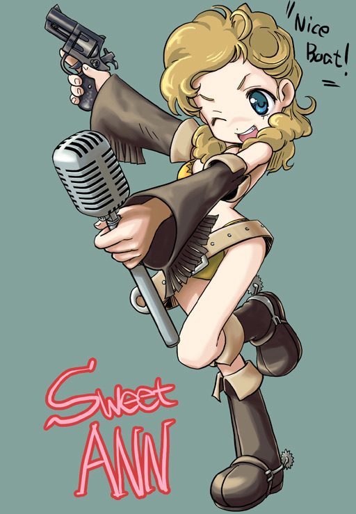 hibari makoto, sweet ann, vocaloid, bad id, bad pixiv id, 1girl, cocked hammer, detached sleeves, female focus, gun, handgun, holding, holding gun, holding weapon, meme, microphone, microphone stand, nice boat (meme), one eye closed, revolver, solo, spurs, trigger discipline, weapon, wink
