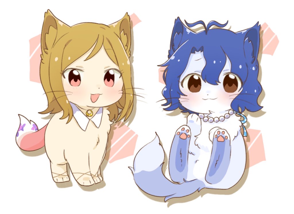 hutaba, momose rio, toyokawa fuka, idolmaster, idolmaster million live!, :3, animal, animal focus, animalization, antenna hair, blonde hair, blue hair, brown eyes, cat, closed mouth, full body, jewelry, looking at viewer, necklace, no humans, open mouth, pawpads, pearl necklace, pink eyes, short hair, smile, standing