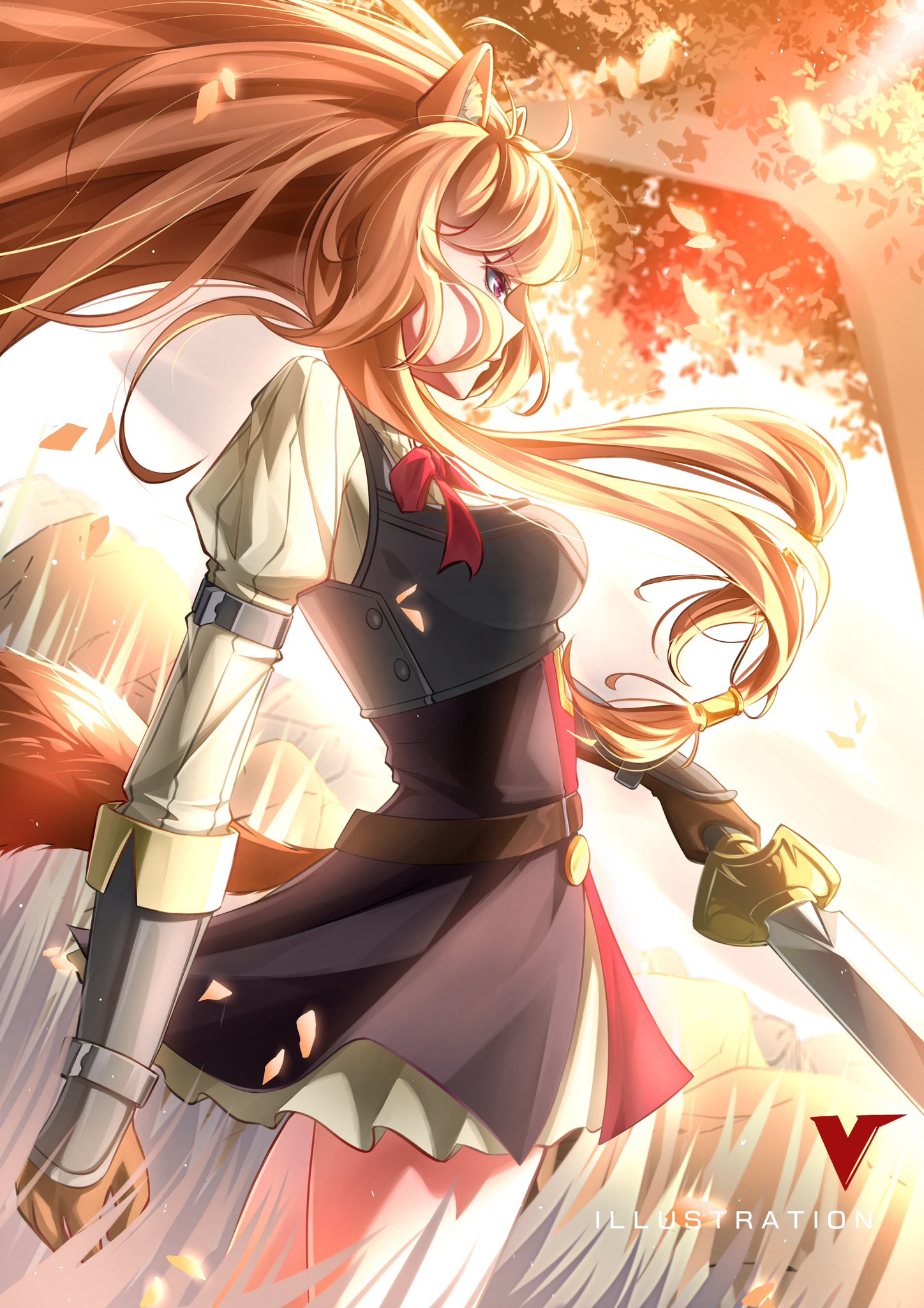 raphtalia, tate no yuusha no nariagari, commentary request, highres, 1girl, animal ear fluff, animal ears, armor, armored gloves, autumn, black dress, breastplate, breasts, brown gloves, brown hair, closed mouth, cowboy shot, dirjapa704, dress, elbow gloves, eyelashes, floating hair, from side, gloves, grass, hand up, holding, holding sword, holding weapon, layered dress, long hair, long sleeves, looking ahead, medium breasts, metal arm cuffs, metal wrist cuffs, neck ribbon, on grass, pink eyes, pinstripe dress, pinstripe pattern, raccoon ears, raccoon girl, raccoon tail, red dress, red ribbon, ribbon, short dress, sleeveless, sleeveless dress, solo, standing, straight hair, sword, tail, tall grass, tree, two-tone dress, weapon, white dress
