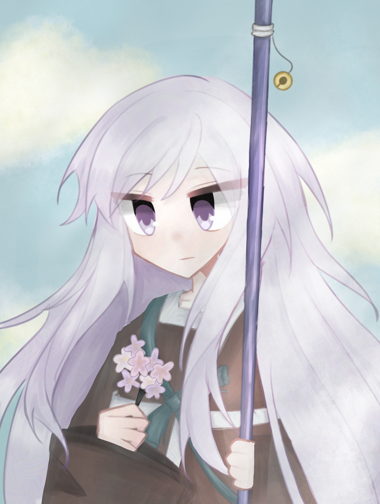 shirami souko, len'en, highres, 1other, androgynous, blue sky, bow, bowtie, brown kimono, closed mouth, cloud, compass (xinjinjumin6687443), day, expressionless, flower, green bow, green bowtie, holding, holding flower, holding staff, japanese clothes, kimono, long hair, long sidelocks, long sleeves, no headwear, ofuda, other focus, outdoors, pink flower, purple eyes, purple hair, see-through clothes, sidelocks, sky, solo, staff, tsurime, upper body, very long hair, wide sleeves