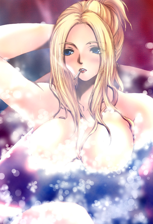 quistis trepe, final fantasy, final fantasy viii, 1990s (style), 1girl, adjusting hair, arm up, bath, blonde hair, blue eyes, breasts, cigarette, female focus, large breasts, retro artstyle, smoking, solo