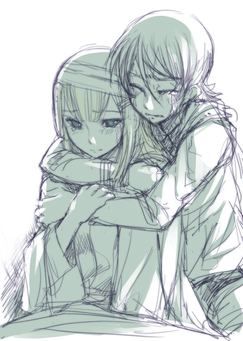 bosshi, louise halevy, saji crossroad, gundam, gundam 00, spoilers, 00s, 1boy, 1girl, bandages, comforting, green theme, hetero, hug, hug from behind, injury, long hair, monochrome, short hair, sketch, tears
