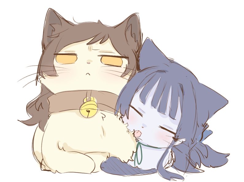 hutaba, kitazawa shiho, mogami shizuka, idolmaster, idolmaster million live!, animal, animal collar, animal focus, animalization, bell, black hair, brown collar, brown eyes, brown hair, closed eyes, closed mouth, collar, full body, jitome, licking, lying, neck bell, no humans, simple background, tongue, tongue out, white background