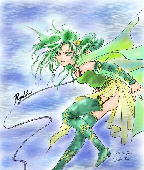 rydia (adult) (ff4), rydia (ff4), final fantasy, final fantasy iv, 1990s (style), 1girl, boots, detached sleeves, female focus, green boots, green eyes, green hair, leaning forward, leotard, matching hair/eyes, retro artstyle, solo, thighhighs, whip