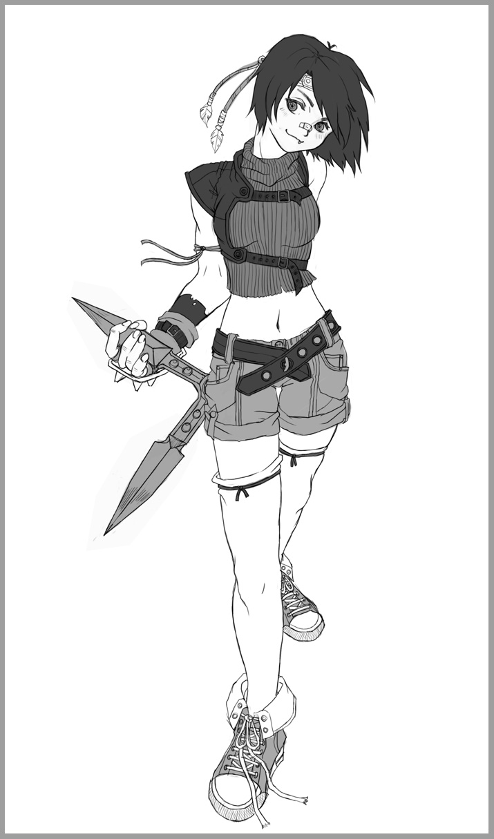 yuffie kisaragi, final fantasy, final fantasy vii, highres, 1990s (style), 1girl, female focus, greyscale, monochrome, retro artstyle, simple background, solo